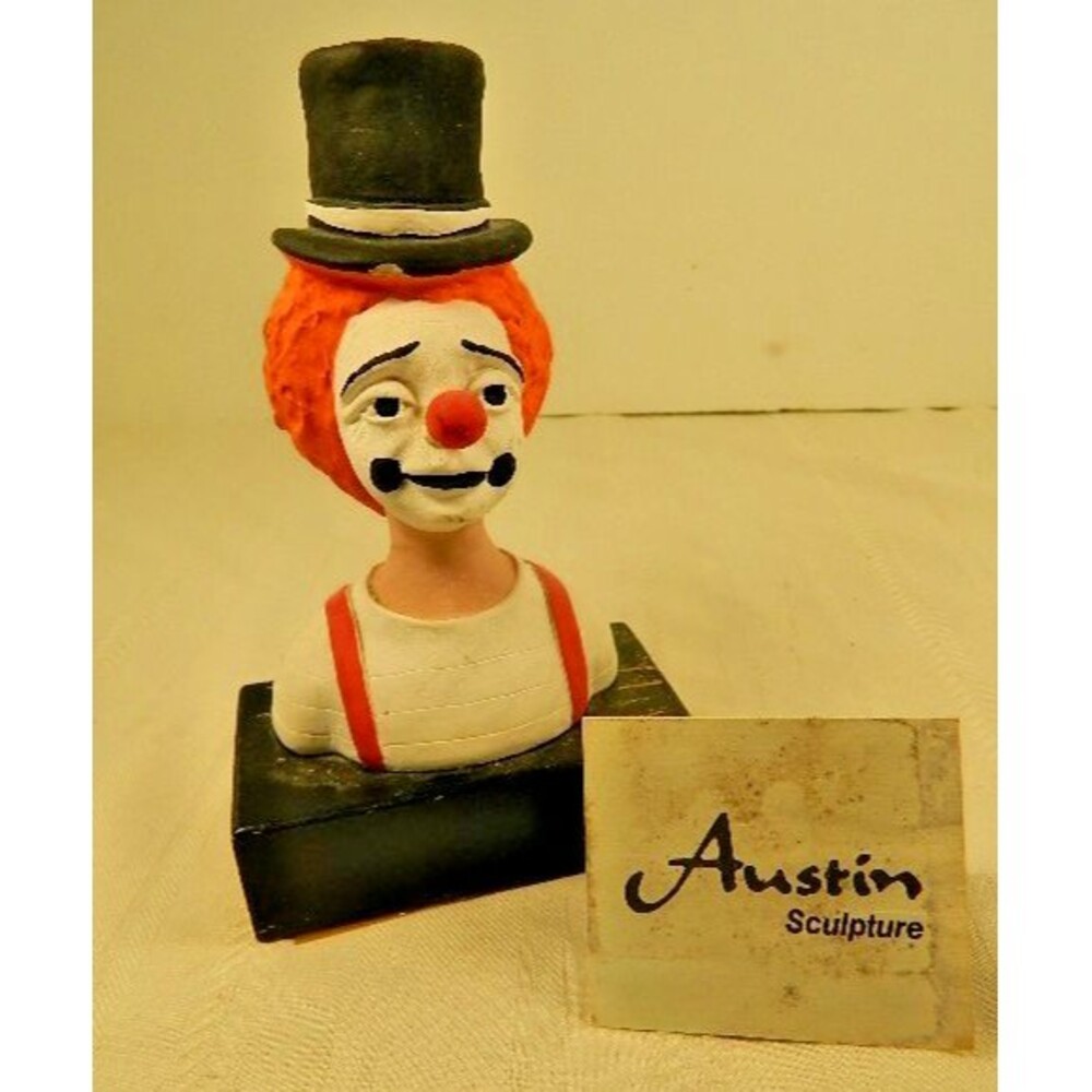 Vintage Austin Sculpture Clown Bust Wood Base 7.5" Tall  by Eduardo Fritz 1986